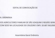 EDITAL DE CONVOCAÇÃO DE ASSEBLÉIA GERAL ORDINÀRIA COOPERATIVA DOS AGRICULTORES FAMILIAR DE SÃO JOAQUIM E REGIÃO SERRANA-RINCÃO DOS POMARES COM SEDE NA LOCALIDADE DO CRUZEIRO