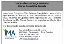 CONCESSÃO DE LICENÇA AMBIENTAL Licença Ambiental de Operação empresa Energética CGH Pinheiral Energia Ltda