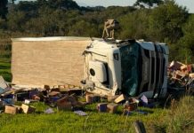 Caminhão Scania de empresa do Espírito Santo tomba na SC-114; motorista sai ileso